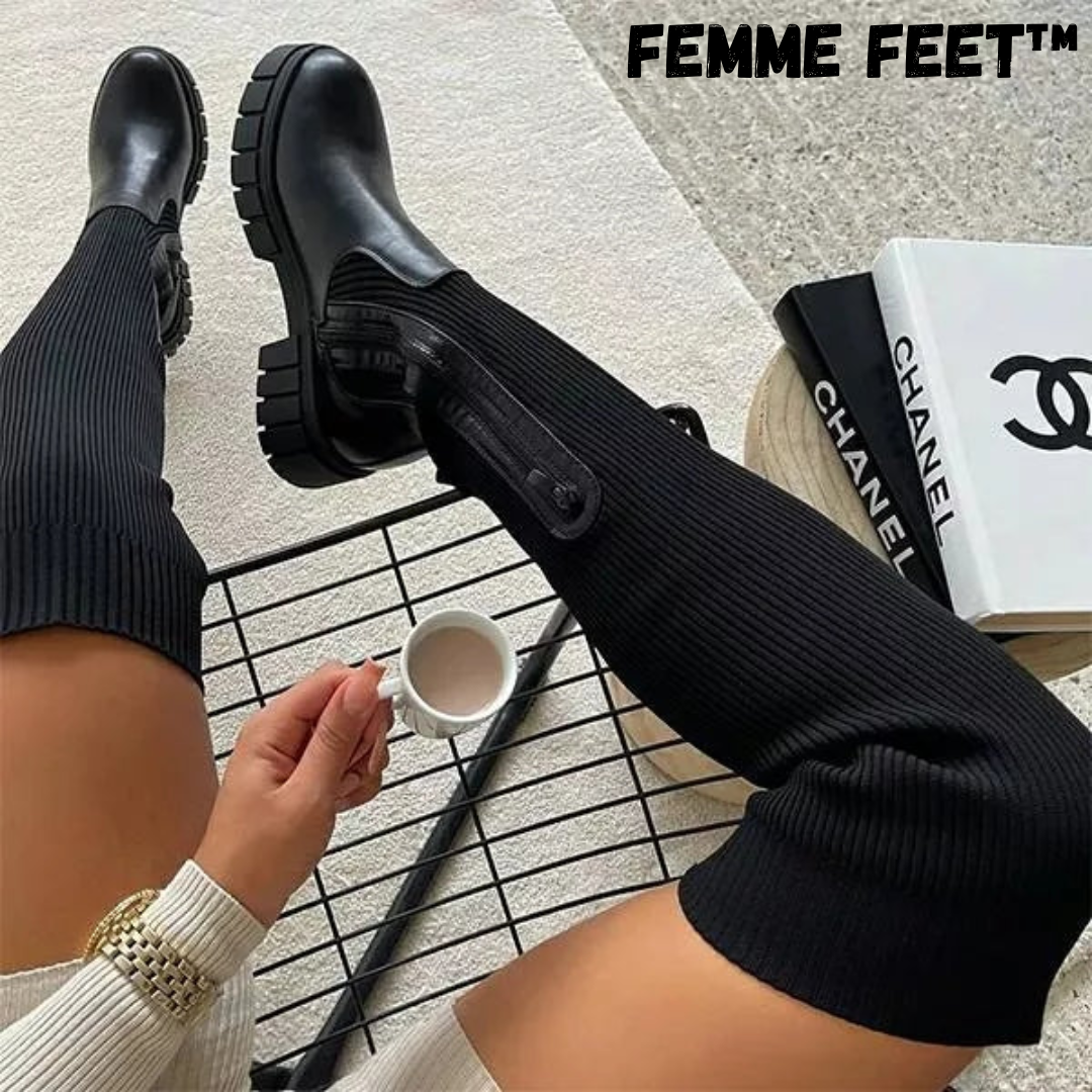 Femme Feet™ Oberschenkelhohe Stretch-Strickstiefel